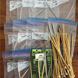 Bamboo knitting needles (circular & straight), metal crochet hooks